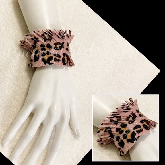 NWT Pink Leopard Fringe Snap Bracelet | Animal Print Faux Leather Cuff - Picture 8 of 13